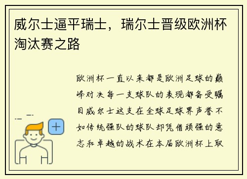 威尔士逼平瑞士，瑞尔士晋级欧洲杯淘汰赛之路