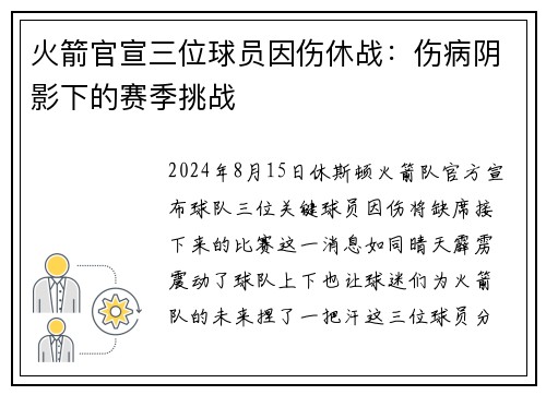 火箭官宣三位球员因伤休战：伤病阴影下的赛季挑战